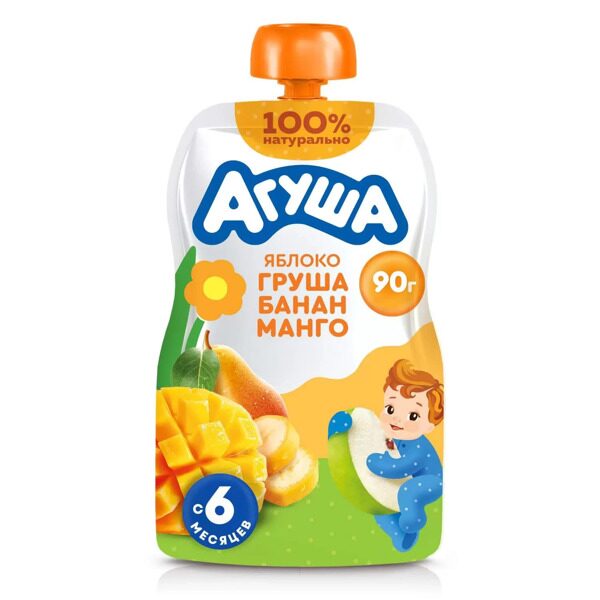 Агуша Пюре 90г Яблоко-Груша-Банан-Манго
